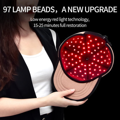 Red Light Hat with 97 Lamp Beads 3 Speed Mode Long Range Wireless Connection Adjustable Cap for Greasy Scalp Hair Care