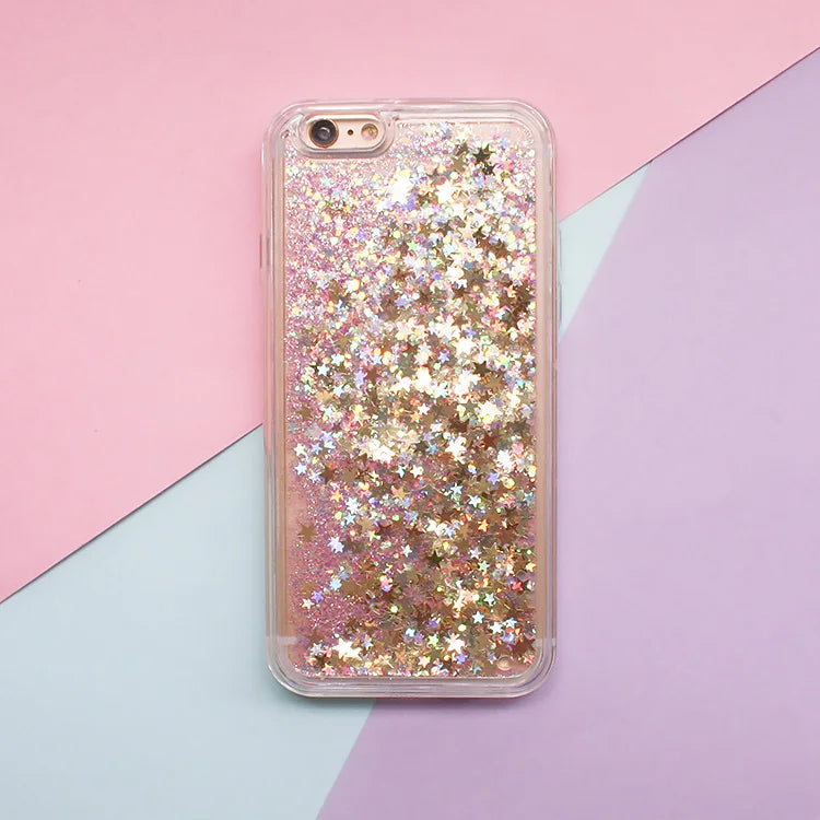 Love Heart &amp; Stars Glitter Phone Case for iPhone 15, 14, 13, 12, 11 Pro Max, XS, XR, 7, 8  – Dynamic Liquid Quicksand Back Cover