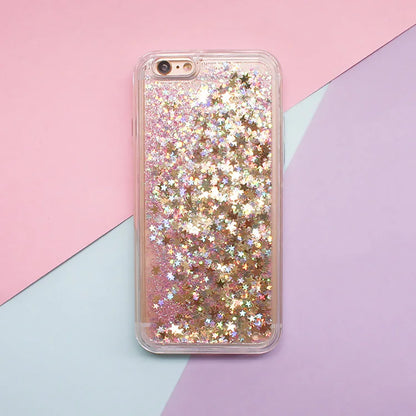 Love Heart &amp; Stars Glitter Phone Case for iPhone 15, 14, 13, 12, 11 Pro Max, XS, XR, 7, 8  – Dynamic Liquid Quicksand Back Cover