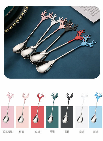 4PCS Christmas Elk Head Stainless Steel Coffee Spoons – Festive Table Decor & Holiday Gifts