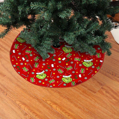 Grinch-Style Red Christmas Tree Skirt: Fun Holiday Base Mat with Santa & Snowflake Design