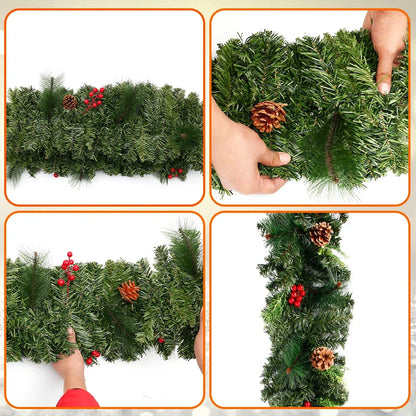 Christmas LED Rattan Wreath with Pine Cones & Red Berries – Artificial Xmas Garland for Tree, Door & Banner Decoration