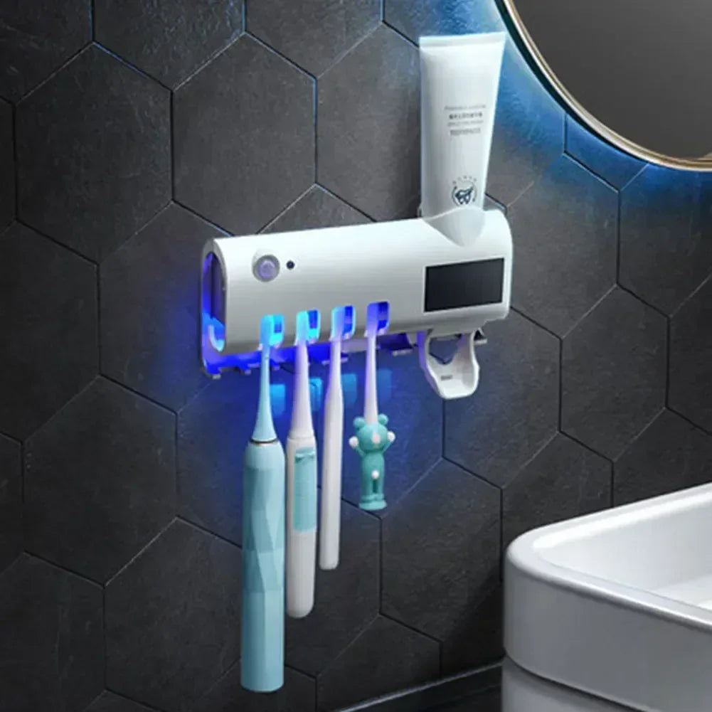 Smart Electric Toothbrush Holder with UV Sterilization – Wall-Mounted Toothpaste Shelf & Toothbrush Sanitizer