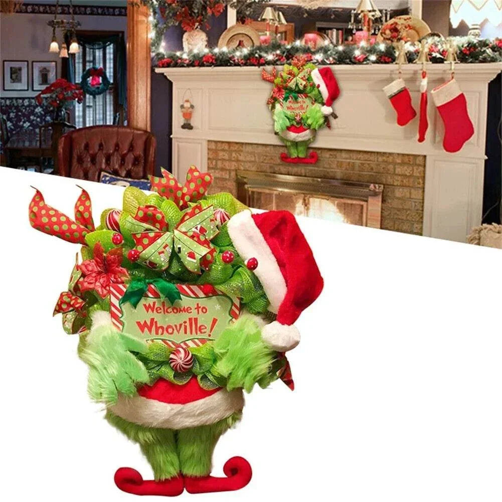 écor – Plush Green Hairy Monster Grinch Leg Wreath Hanging Ornament 2