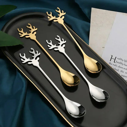 4PCS Christmas Elk Head Stainless Steel Coffee Spoons – Festive Table Decor & Holiday Gifts