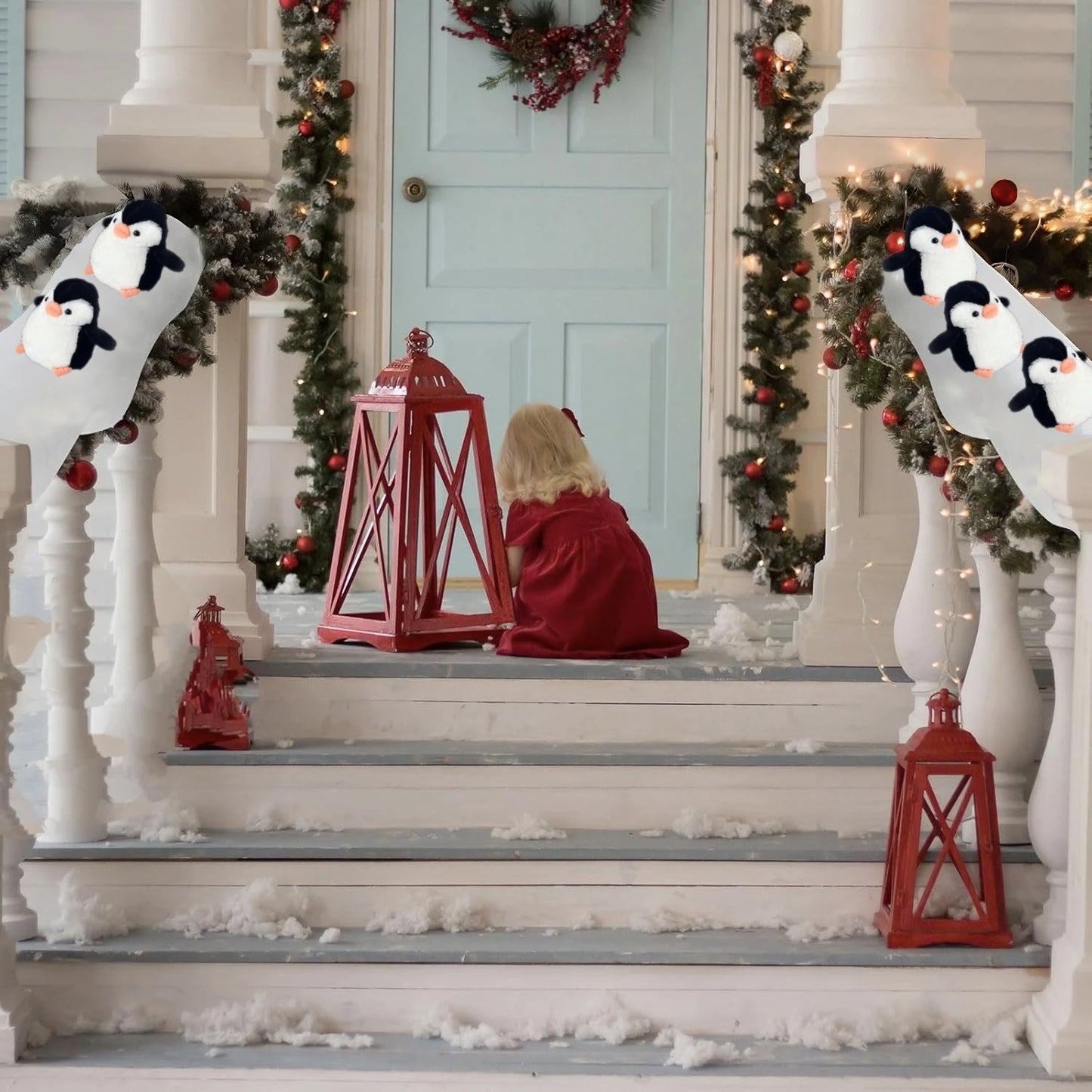 Christmas Stair Decoration Set – Faux Snow Cotton Carpet with Sliding Penguins for Festive Staircase Décor