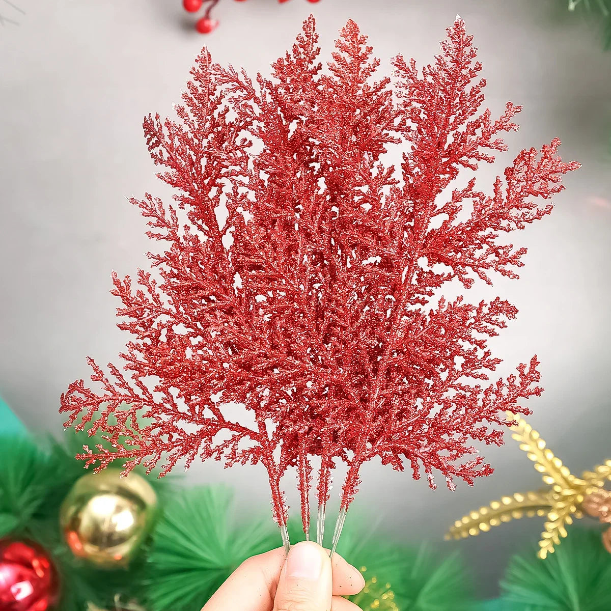 5PCS Christmas Glitter Gold & Silver Leaves – Artificial Pine Branches for Tree Decorations & Holiday Ornaments