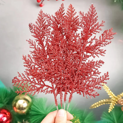 5PCS Christmas Glitter Gold & Silver Leaves – Artificial Pine Branches for Tree Decorations & Holiday Ornaments