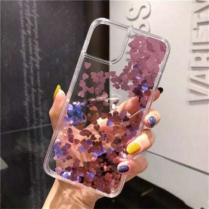 OTTWN Glitter Sequins Love Heart Case for iPhone 13, 12, 11 Pro Max, XS Max, XR, 7, 8 Plus, SE – Clear Dynamic Liquid TPU Cover