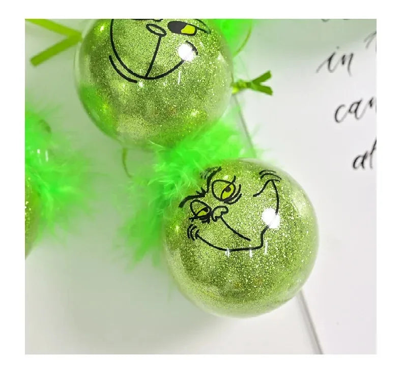 12pcs Grinch Cat Face Christmas Ball Ornaments: 6cm Green Carnival Fruit Pendant Tree Decorations for Holiday Festivities