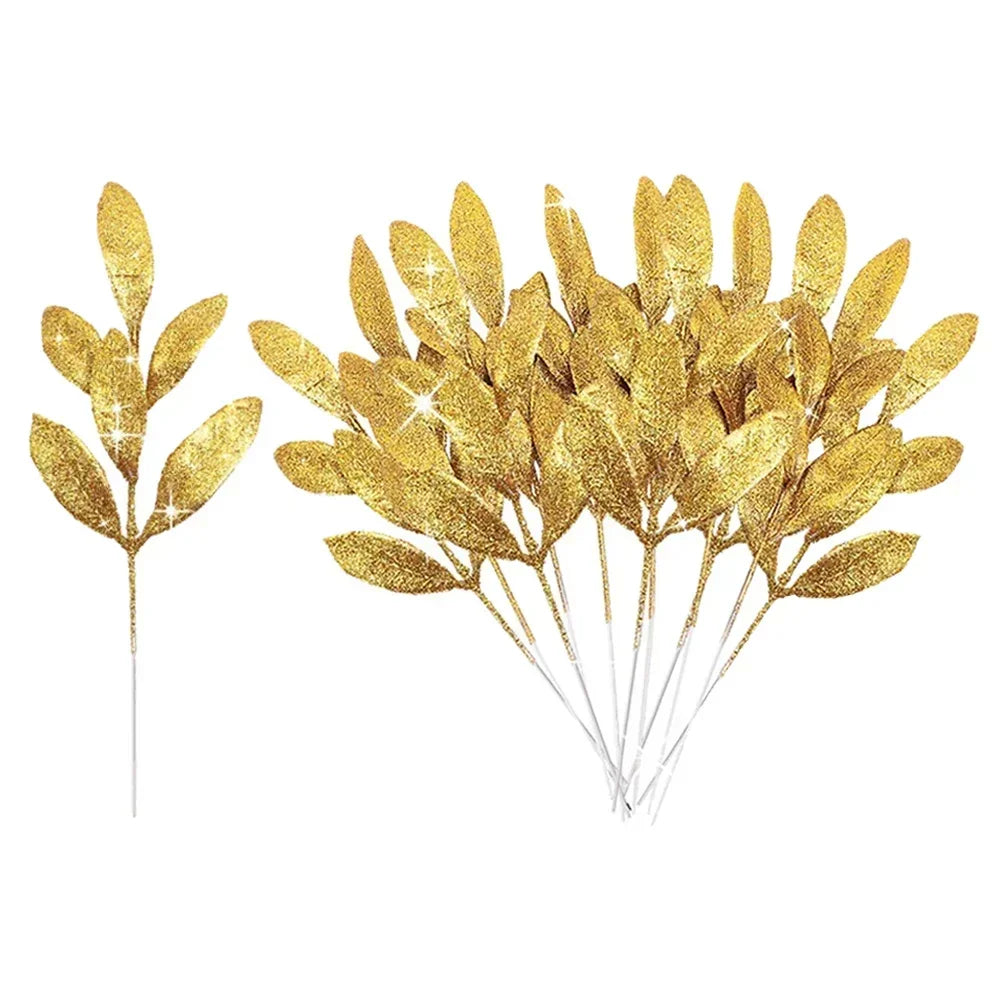 Artificial Glitter Olive Leaves: 1-20PCS Gold and Silver Xmas Tree Ornaments for DIY Christmas Décor, Home, and Party Decorations