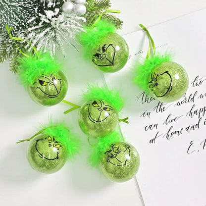 12pcs Grinch Cat Face Christmas Ball Ornaments: 6cm Green Carnival Fruit Pendant Tree Decorations for Holiday Festivities