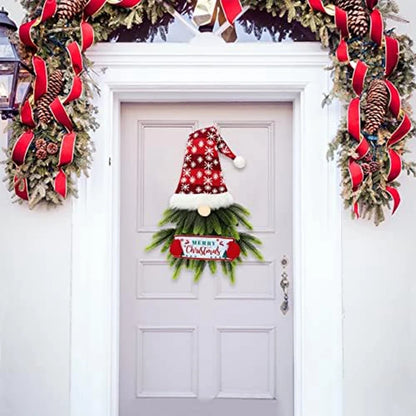 Festive Christmas Wreath with Santa Hanging Sign: Artificial Holiday Décor for Front Door, Windows, and Walls