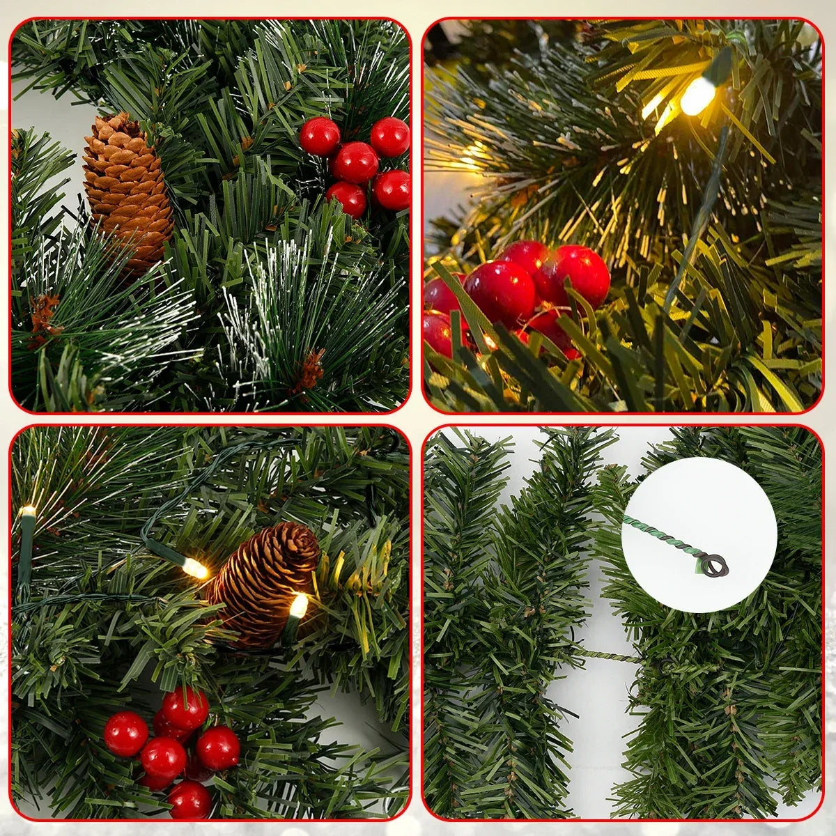 Christmas LED Rattan Wreath with Pine Cones & Red Berries – Artificial Xmas Garland for Tree, Door & Banner Decoration