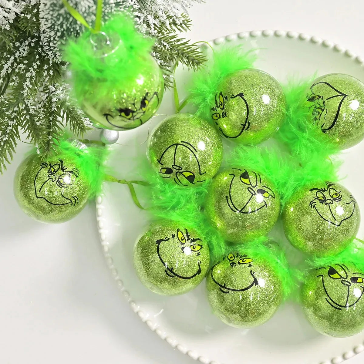 12pcs Grinch Cat Face Christmas Ball Ornaments: 6cm Green Carnival Fruit Pendant Tree Decorations for Holiday Festivities