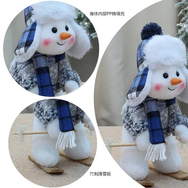 New Snowman Figure Christmas Decoration – Blue Cloth Ski Snowman Plush Doll for Living Room & Bedroom