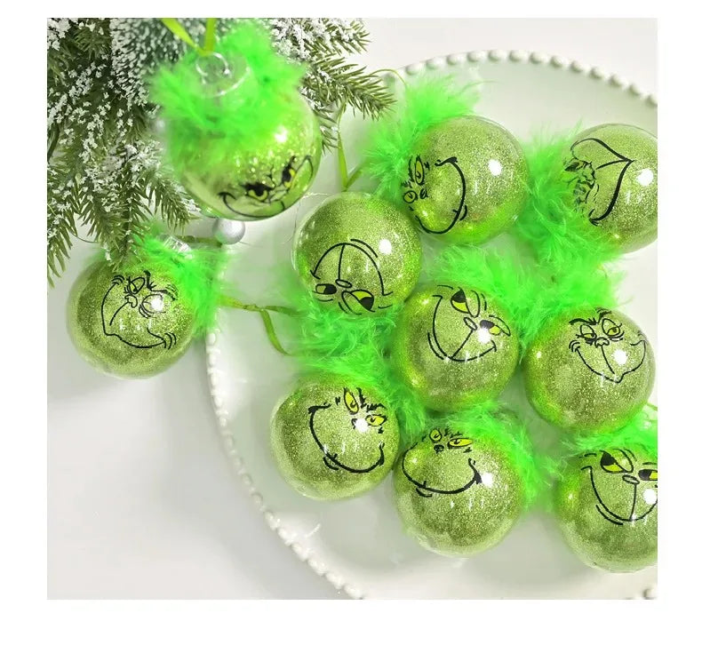 12pcs Grinch Cat Face Christmas Ball Ornaments: 6cm Green Carnival Fruit Pendant Tree Decorations for Holiday Festivities