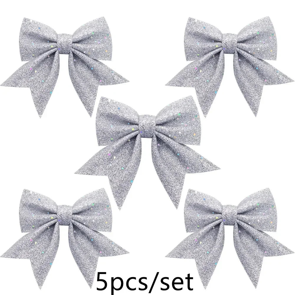 5PCS Glittering 14cm Christmas Bows: Decorative Tree Ornaments for Festive Holiday & Party Décor