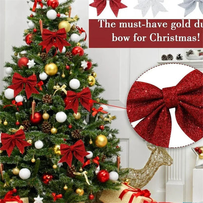 5PCS Glittering 14cm Christmas Bows: Decorative Tree Ornaments for Festive Holiday & Party Décor