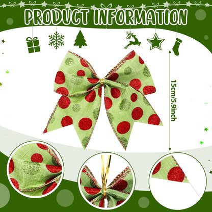 8PCS Red and Green Christmas Polka Dot Bows: Holiday Gift Box, Tree, and Garland Decorations