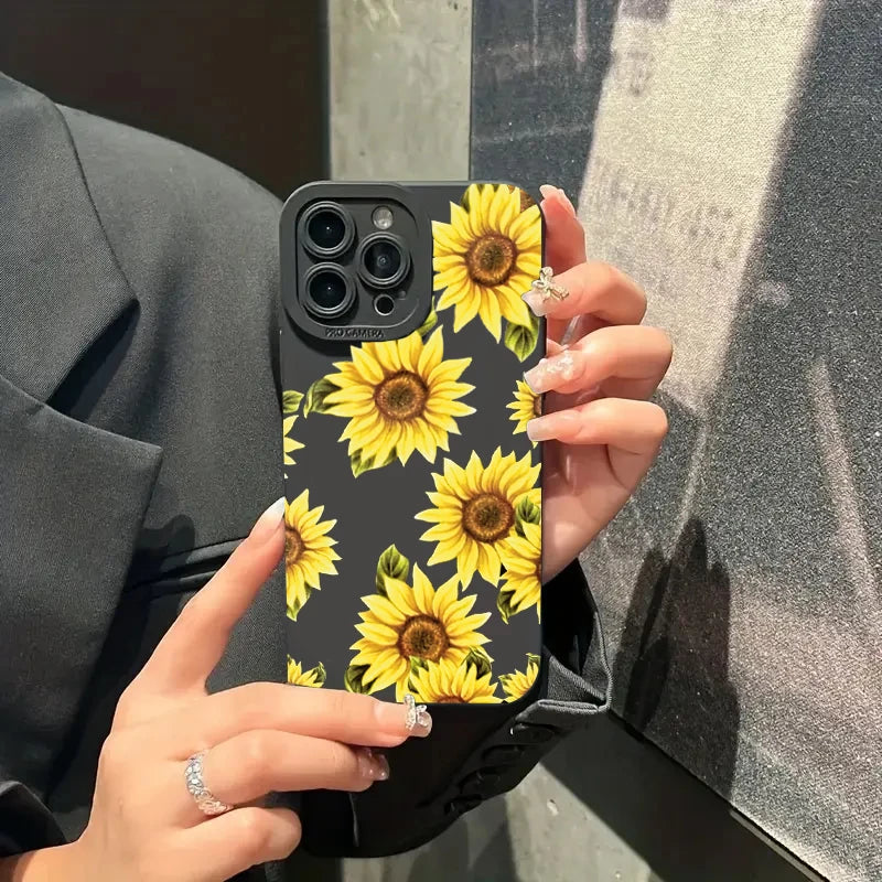 Cute Sunflower Silicone Phone Case for iPhone 13-16 Pro Max- Shockproof Soft Cover