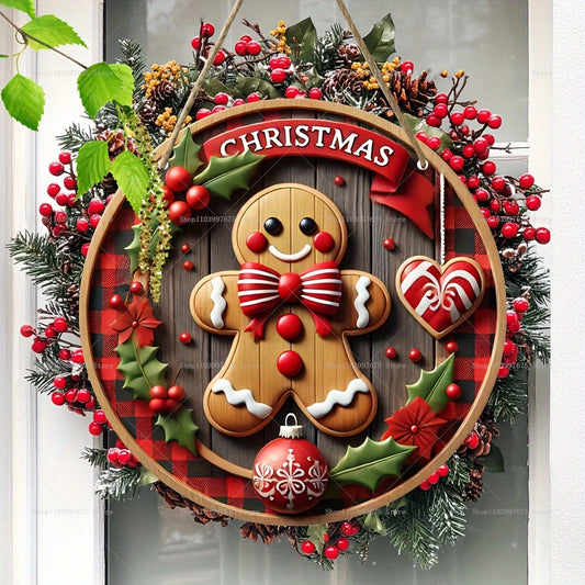 Merry Christmas Round Wooden Hanging Sign Red & Black Plaid Gingerbread Man Front Door Décor