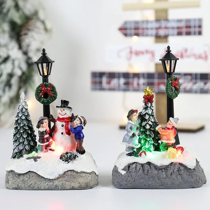 LED Christmas Village Ornaments – Santa Claus, Pine Needles, & Snow Micro Landscape Resin Figurines for Holiday Décor