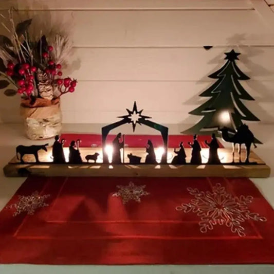 Nativity Scene Tealight Holder: Metal Silhouette & Wooden Candle Holder for Christmas Décor