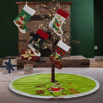 Green Shaggy Christmas Figure Set – Stockings, Tree Skirt, Table Flag & Chair Decorations