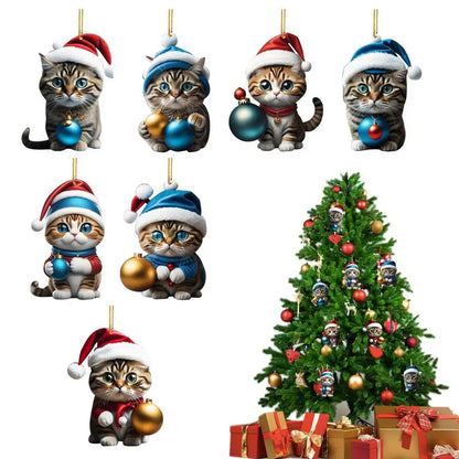 Cartoon Cat Christmas Tree Pendants: 2D Acrylic Hanging Ornaments for Festive Home Décor