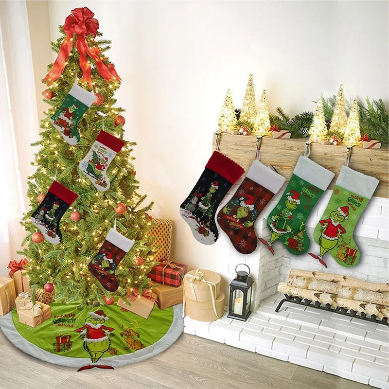 Green Shaggy Christmas Figure Set – Stockings, Tree Skirt, Table Flag & Chair Decorations