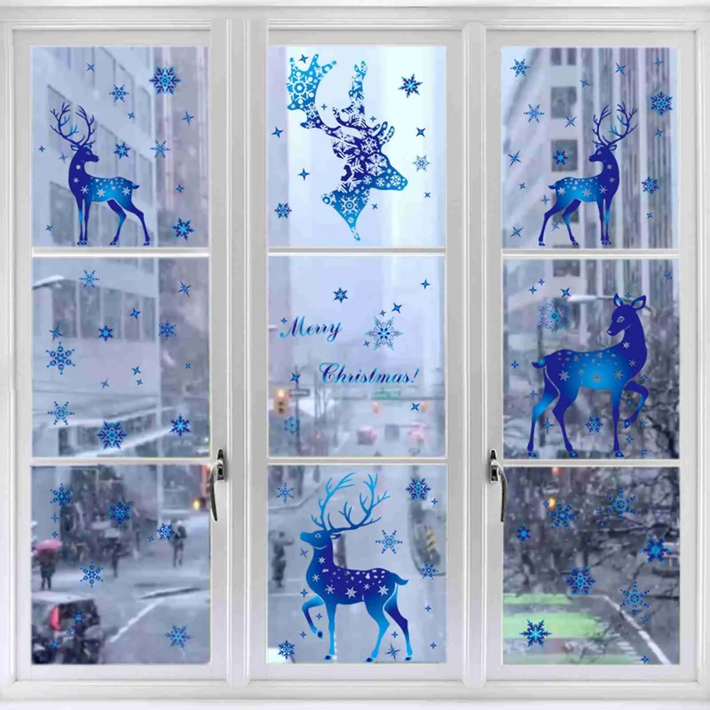 2024 Christmas Snowflake & Elk Window Clings – Blue Festive Stickers for Glass, Window, & Wall Holiday Décor