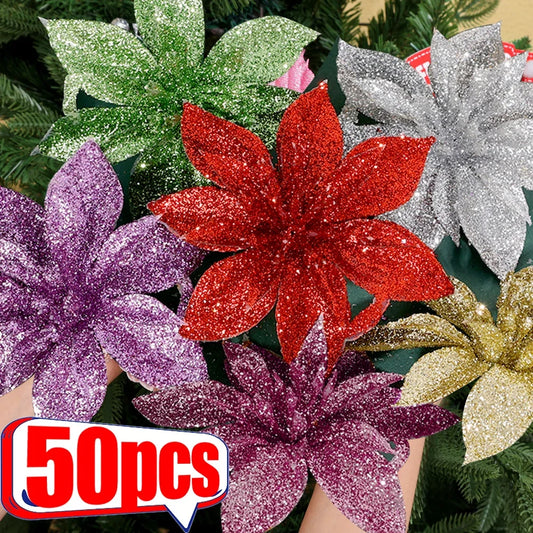 Glitter Artificial Christmas Flowers – Gold & Silver Hanging Decorations, Fake Flowers for Xmas Tree & New Year Ornaments