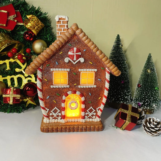 Candy Colour Gingerbread House Resin Ornament: Glowing Christmas Table Decoration for Living Room & Bedroom