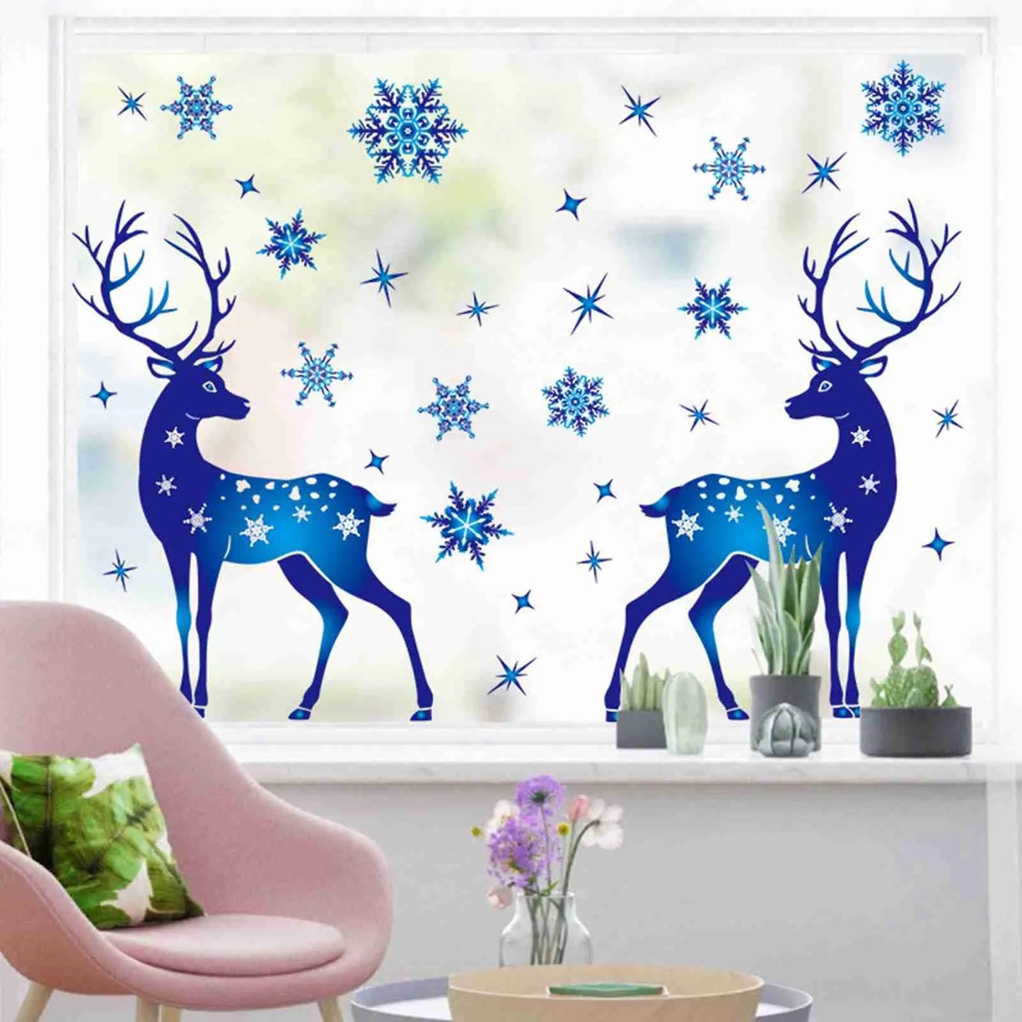 2024 Christmas Snowflake & Elk Window Clings – Blue Festive Stickers for Glass, Window, & Wall Holiday Décor