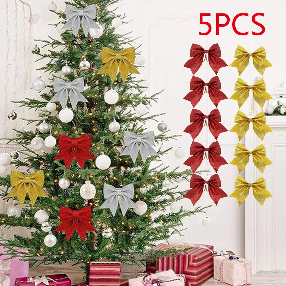 5PCS Sparkling Christmas Bow Decorations: 14cm Glitter Xmas Tree Ornaments for Holiday Parties & DIY Home Décor