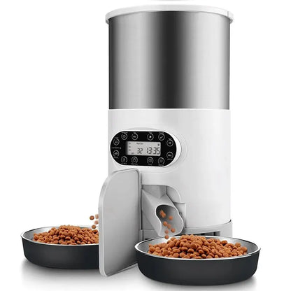 Gadget Kingdom™ Dual Bowl Automatic Feeder – Stainless Steel Pet Feeder with Recording & Timed Feeding