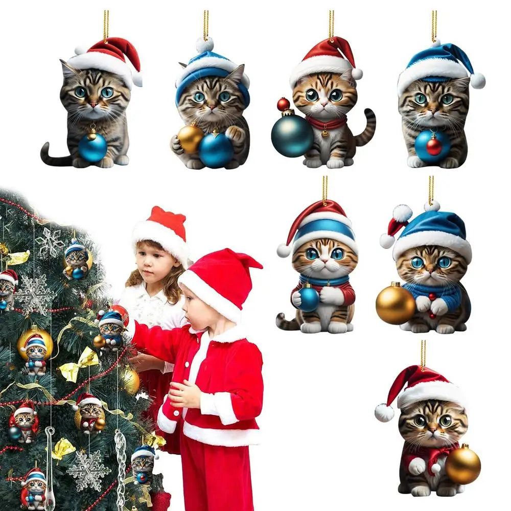 Cartoon Cat Christmas Tree Pendants: 2D Acrylic Hanging Ornaments for Festive Home Décor