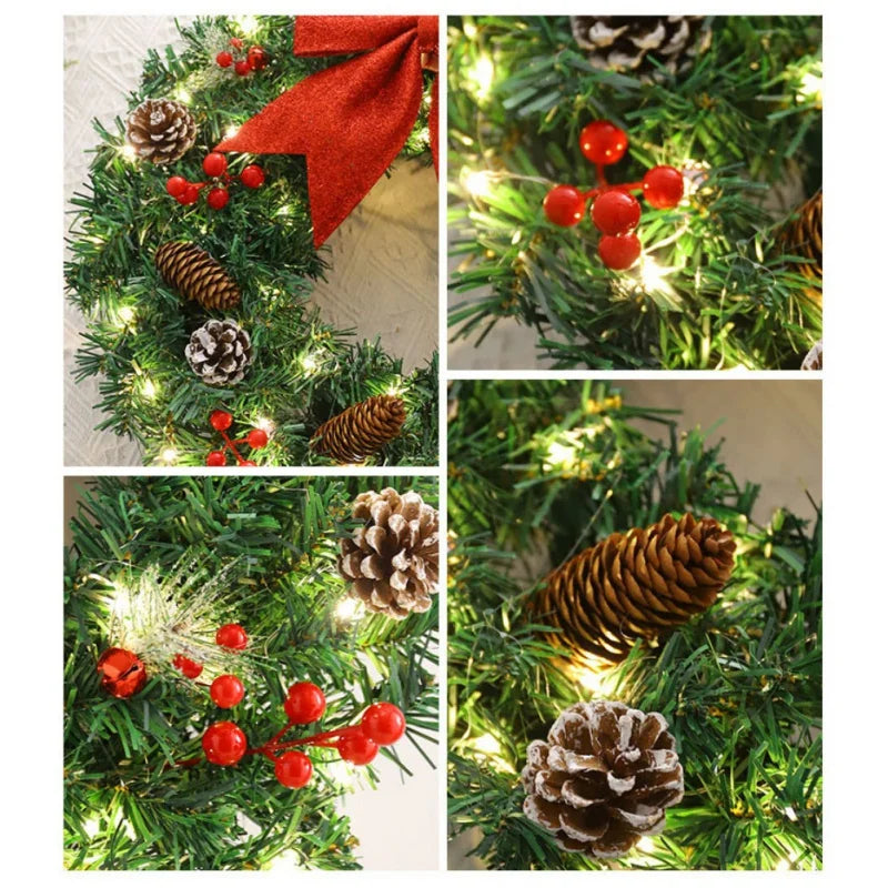 40-60cm LED Rattan Vine Christmas Wreath with Pine Cones – Holiday Garland for Door, Window & Wall Decor