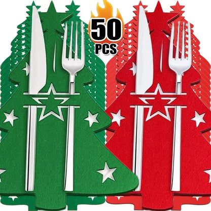 2-50PCS Christmas Cutlery Holders Xmas Tree Tableware Holder Bags Knife Fork Spoon Pockets Bag New Year Party Dinner Decoration