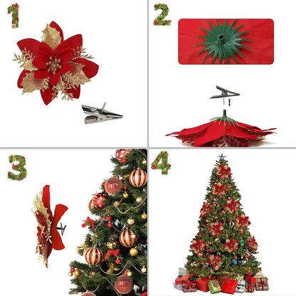 Glitter Artificial Christmas Flowers – 1, 5, or 10pcs, Christmas Tree Decorations, New Year Ornaments, Xmas Fake Flowers