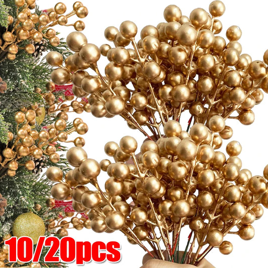 1PC Artificial Holly Berries Stem – Red & Gold Christmas Berry Branch for DIY Wreath & Tree Decoration