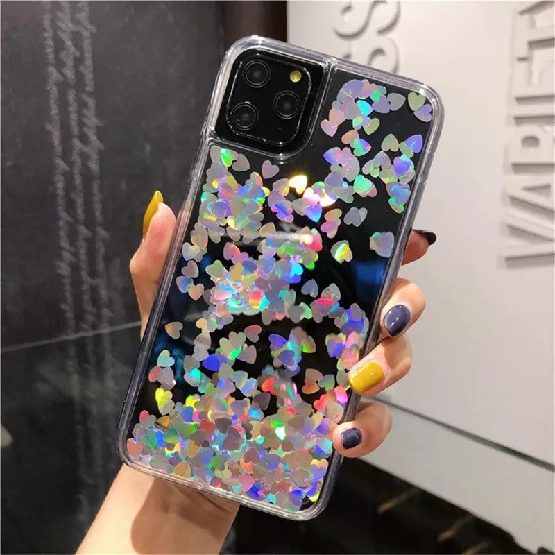 OTTWN Glitter Sequins Love Heart Case for iPhone 13, 12, 11 Pro Max, XS Max, XR, 7, 8 Plus, SE – Clear Dynamic Liquid TPU Cover