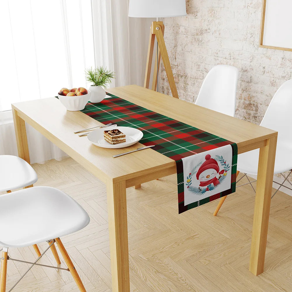 Festive Christmas Table Flag: Linen Print Snowman & Santa Design for Holiday Decor, Durable Polyester Table Mat