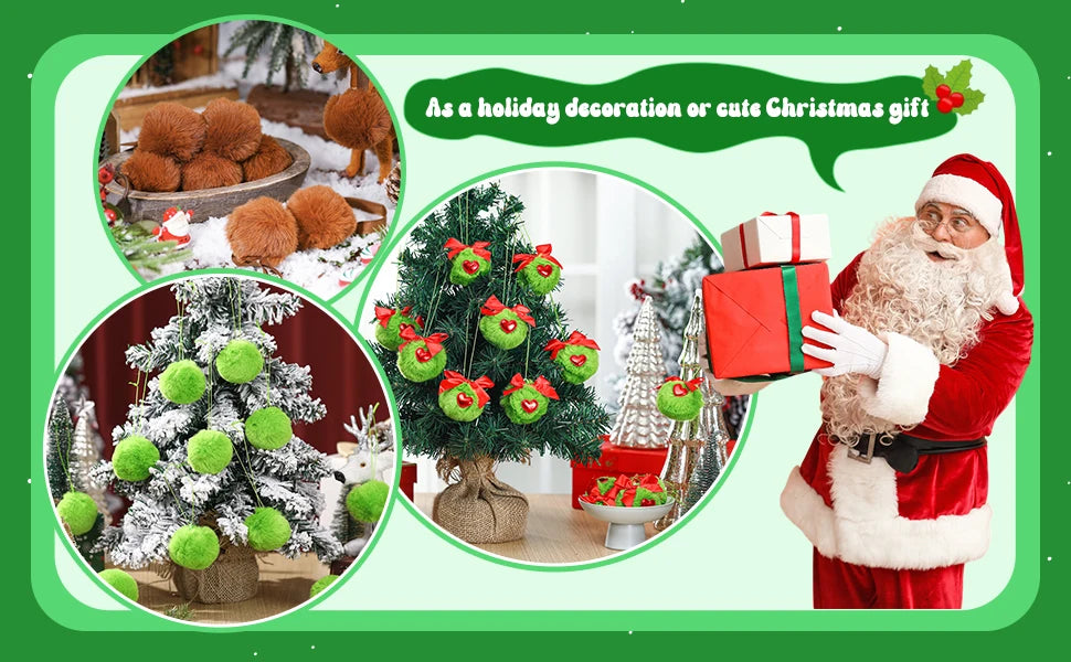 12 Pcs Furry Green Christmas Ball Ornaments: Cute Elf Christmas Decorations with Red Bow for Holiday Tree Decor