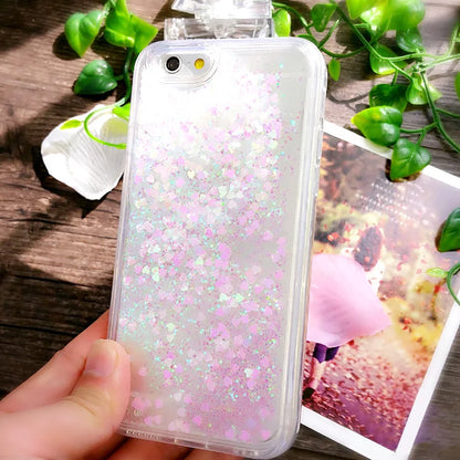 Love Heart &amp; Stars Glitter Phone Case for iPhone 15, 14, 13, 12, 11 Pro Max, XS, XR, 7, 8  – Dynamic Liquid Quicksand Back Cover