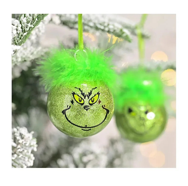 12pcs Grinch Cat Face Christmas Ball Ornaments: 6cm Green Carnival Fruit Pendant Tree Decorations for Holiday Festivities