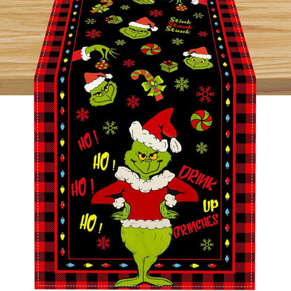 Grinch Theme Plaid Christmas Trees  Table Runner: Festive Holiday Décor for Kitchen and Dining Table