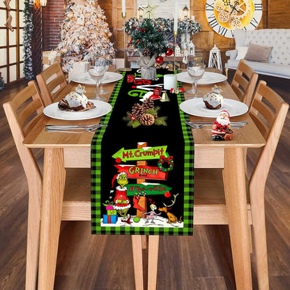 Grinch Theme Plaid Christmas Trees  Table Runner: Festive Holiday Décor for Kitchen and Dining Table