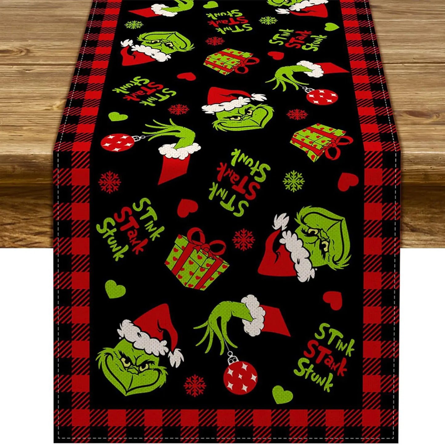 Grinch Theme Plaid Christmas Trees  Table Runner: Festive Holiday Décor for Kitchen and Dining Table